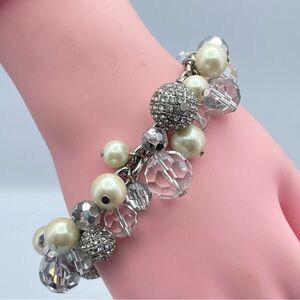 Cezanne Silver Tone Crystal Pearl & Rhinestone Cluster Charm Bracelet